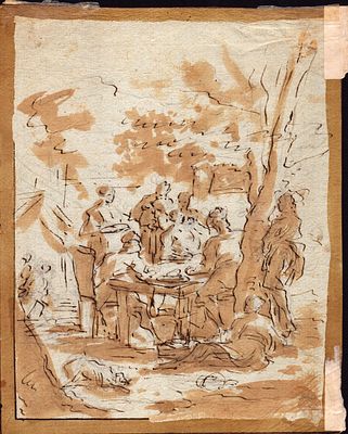 Outdoor banquet scene, Venetian school of the 18th century. Ink, watercolour and traces of 