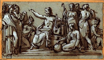 Apollo with the Muses, 18th century Italian artist. Ink, watercolour, white lead and traces of 