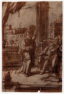 Two figures in conversation in an interior, Anonymous 18th century artist. Brown ink 