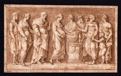 Study from an ancient frieze (?), 19th century Italian artist. Ink, pen and watercolour on 