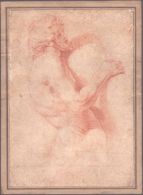 Study for a satyr, Emilian artist of the 18th century. Sanguine on laid paper, with ancient 
