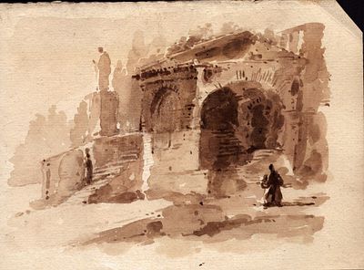 View with arches and figures, 18th century Venetian artist. Brown wash with traces of pencil on 