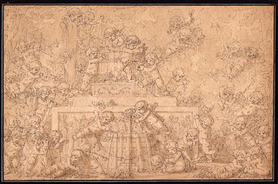 The grape harvest, 18th century French artist. Pen and black ink on laid paper, backed, 243 x 375 mm.