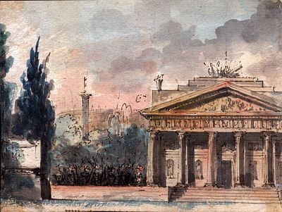 Landscape with temple and obelisk in the background, Neoclassical artist. Ink and watercolor on 