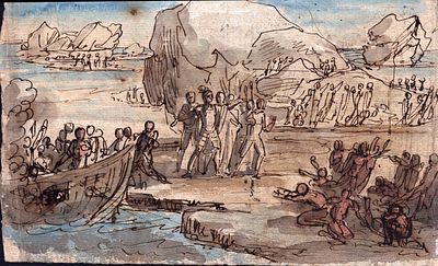 Recto: Color study for a landing | Verso: Ink sketch for a landing, Neoclassical artist. Front: 