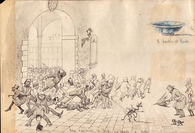 Escape of a tubercle bacillus from the Berin University, 19th century Italian artist. Pen, ink 