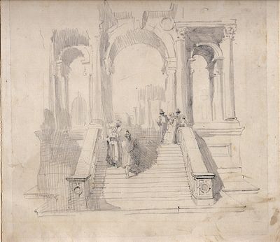 Architectural view with figures, 19th century Emilian artist. Pencil on vellum mounted on 