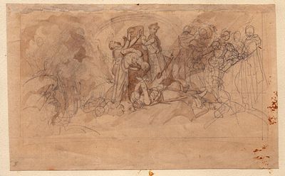 Preparatory study for capture scene, 19th century Italian artist. Pencil and watercolor on wove 