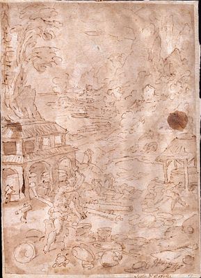 Group of five drawings of different subjects. Lot of five drawings: Study for two figures 