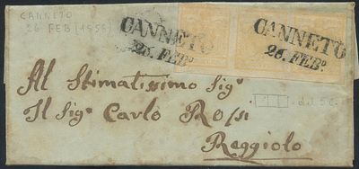Lombardo veneto - 5 cent. striscia di tre su busta. 26.02.1858 - Lettera da Canneto per Reggiolo 