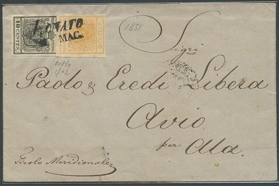 Lombardo Veneto - Storia Postale. 1851 - Lettera da Lonato per Avio affrancata per 15 centesimi 