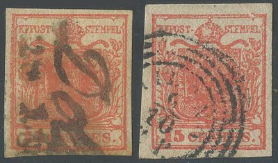 Lombardo Veneto - 15 cent. I tipo, due interessanti tonalit&agrave;. 1850 - 15 cent. I tipo in 