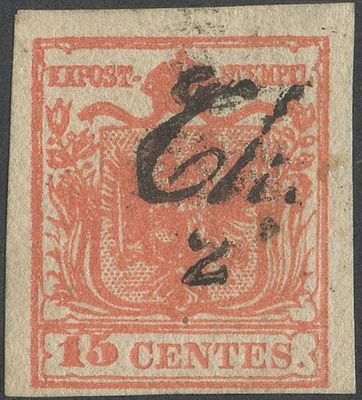 Lombardo Veneto - 15 Cent. carta Baton&egrave; (Pseudovergata). 1850 - 15 Cent. rosso salmone 