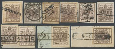 Lombardo Veneto - 30 cent. I tipo, piccolo insieme. 1850 - Splendido insieme composto da 10 