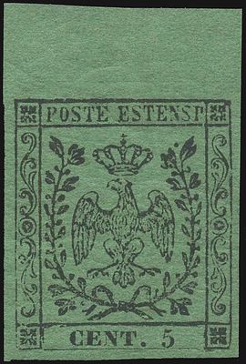 Modena - 5 centesimi n.1 qualit&agrave; Lusso. 1852 - 5 cent. verde n.1 nuovo con gomma 