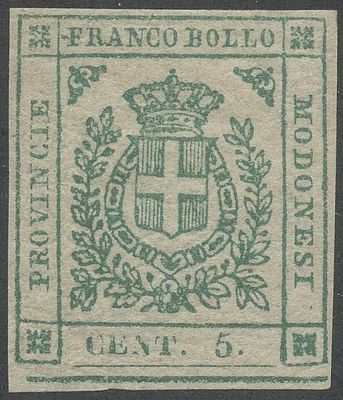 Modena - Gov. Provvisorio, 5 cent. n.12. 1859 - 5 cent. verde n.12 nuovo con gomma, linguellato. 