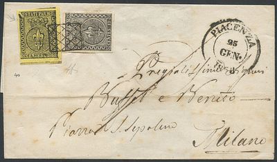 Ducato di Parma - Storia Postale. 25.01.1853 - Lettera da piacenza per Milano affrancata per 15 