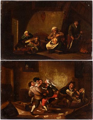 Artista fiammingo, XVII secolo - Oil on panel cm. 18,5x28,5 each. Both panels bear on the reverse 