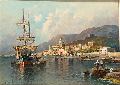 NICOLAS DE CORSI
(Odessa 1882 - Torre del Greco 1956)
, Marina con veliero. NICOLAS DE CORSI 