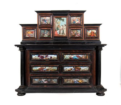 Italian commode cabinet in rosewood and tortoiseshell with painted glass, Louis XIV, Rome, 17th 