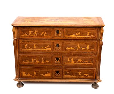 Walnut chest of drawers with figurative inlays, Piedmont, 18th century. Height x width x depth: 