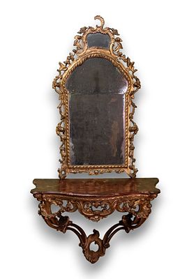 Mirror with carved and gilded wooden console, Venice, mid 19th century. Console height x width x 