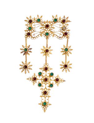 Gold Sardinian brooch with glass pastes. Height x width: 10 x 5,7 cm. Weight: 15 gr. 18k Gold 