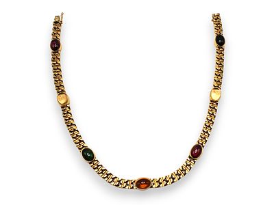 BULGARI - 18k yellow gold groumette chain, finished with cabochon cut garnet, tourmaline and 