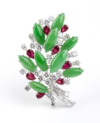 Jadeite leaf gold brooch with diamonds and rubies. white gold, with a flowering branch motif 