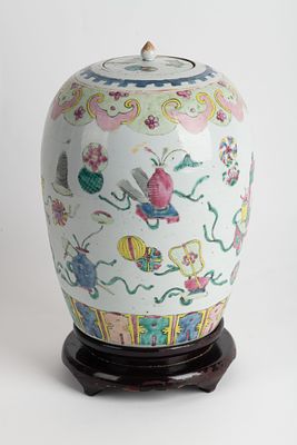 Porcelain ginger jar painted with polychrome enamels and decorated with literary objects, China 