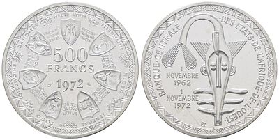 AFRICA OCCIDENTALE CFA. 500 franchi 1972, KM E7; Ag; 25gr. FDC