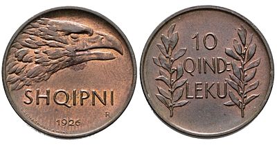 ALBANIA. 10 Qindar 1926. Cu; 6gr; KM 2; Raro; Q.FDC, rame rosso.