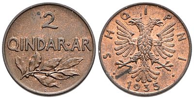 ALBANIA. Zog I (1928-1938). 2 quindar ari 1935. Cu; 4,45gr; KM 15; Q.FDC