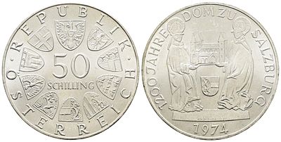AUSTRIA. 50 scellini 1974 "1200 anni del duomo di Salisburgo". KM 2921; Ag; 20gr. FDC