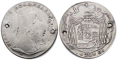 SALISBURGO. Geronimo da Colloredo. 20 kreuzer 1801. KM 460; Ag; 6,47gr; due forellini. B