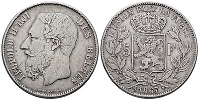 BELGIO. Leopoldo II (1865-1909). 5 franchi 1867. KM 24; Ag; 25gr. qBB