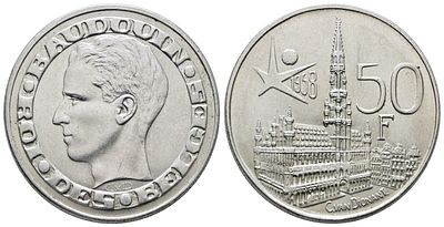 BELGIO. Baldovino (1948-1993). 50 franchi 1958 "Expo 1958". KM 150; Ag; 12,5gr. qFDC