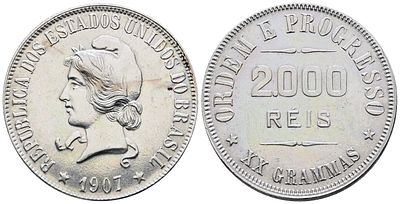 BRASILE. 2000 reis 1907. KM 508; Ag; 20gr. SPL