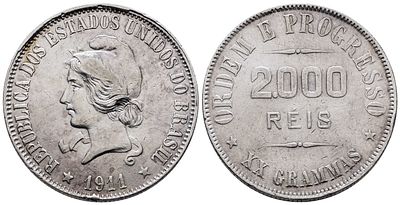 BRASILE. 2000 reis 1911. KM 508; Ag; 20gr. SPL