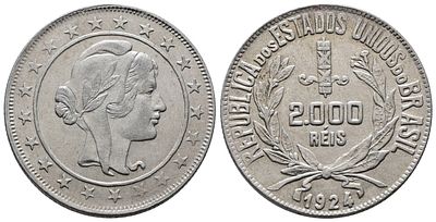 BRASILE. 2000 reis 1924. KM 526; Ag; 8gr. SPL