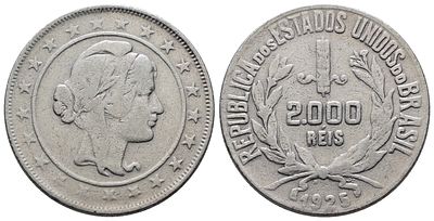 BRASILE. 2000 reis 1925. KM 526; Ag; 8gr. qBB
