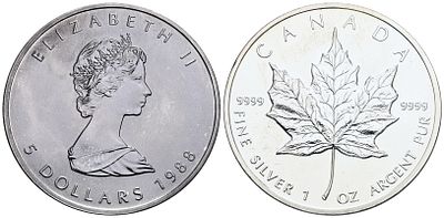 CANADA. Elisabetta II (1952-2022). 5 dollari 1988 - oncia. Ag; 31,1gr; KM 163; FDC