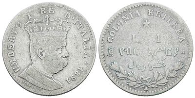 COLONIA ERITREA. Umberto I (1890-1896). 1 lira 1891. Ag; 5gr; Gig.6; NC; MB