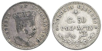 COLONIA ERITREA. Umberto I (1890-1896). 50 centesimi 1890. Ag; 2,5gr; Gig.8; Raro; BB