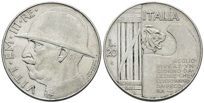 REGNO D'ITALIA. Vittorio Emanuele III (1900-1943). 20 lire 1928 "Elmetto". Ag; 20gr; 