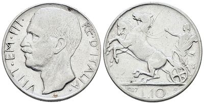 REGNO D'ITALIA. Vittorio Emanuele III (1900-1943). 10 lire 1927 "Biga"*. Ag; 10gr; 