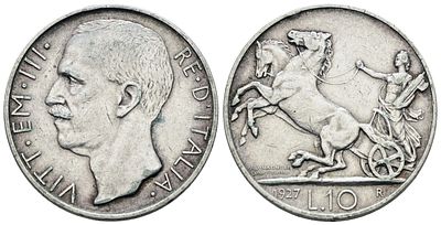 REGNO D'ITALIA. Vittorio Emanuele III (1900-1943). 10 lire 1927 "Biga"**. Ag; 10gr; 