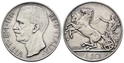REGNO D'ITALIA. Vittorio Emanuele III (1900-1943). 10 lire 1927 "Biga"**. Ag; 10gr; 