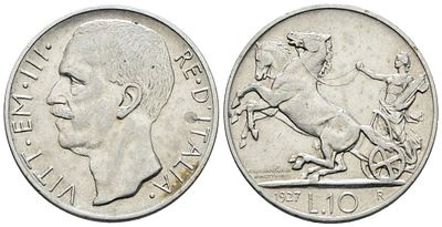 REGNO D'ITALIA. Vittorio Emanuele III (1900-1943). 10 lire 1927 "Biga"**. Ag; 10gr; 