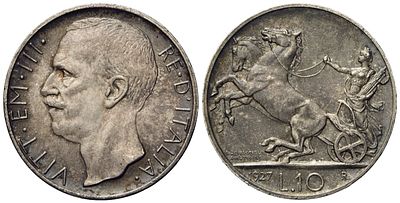 REGNO D'ITALIA. Vittorio Emanuele III (1900-1943). 10 lire "biga" 1927 **. Gig.56a; 